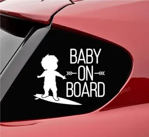 Slap-Art Baby on Board with Baby on surf Board Vinyl Decal Sticker (White)