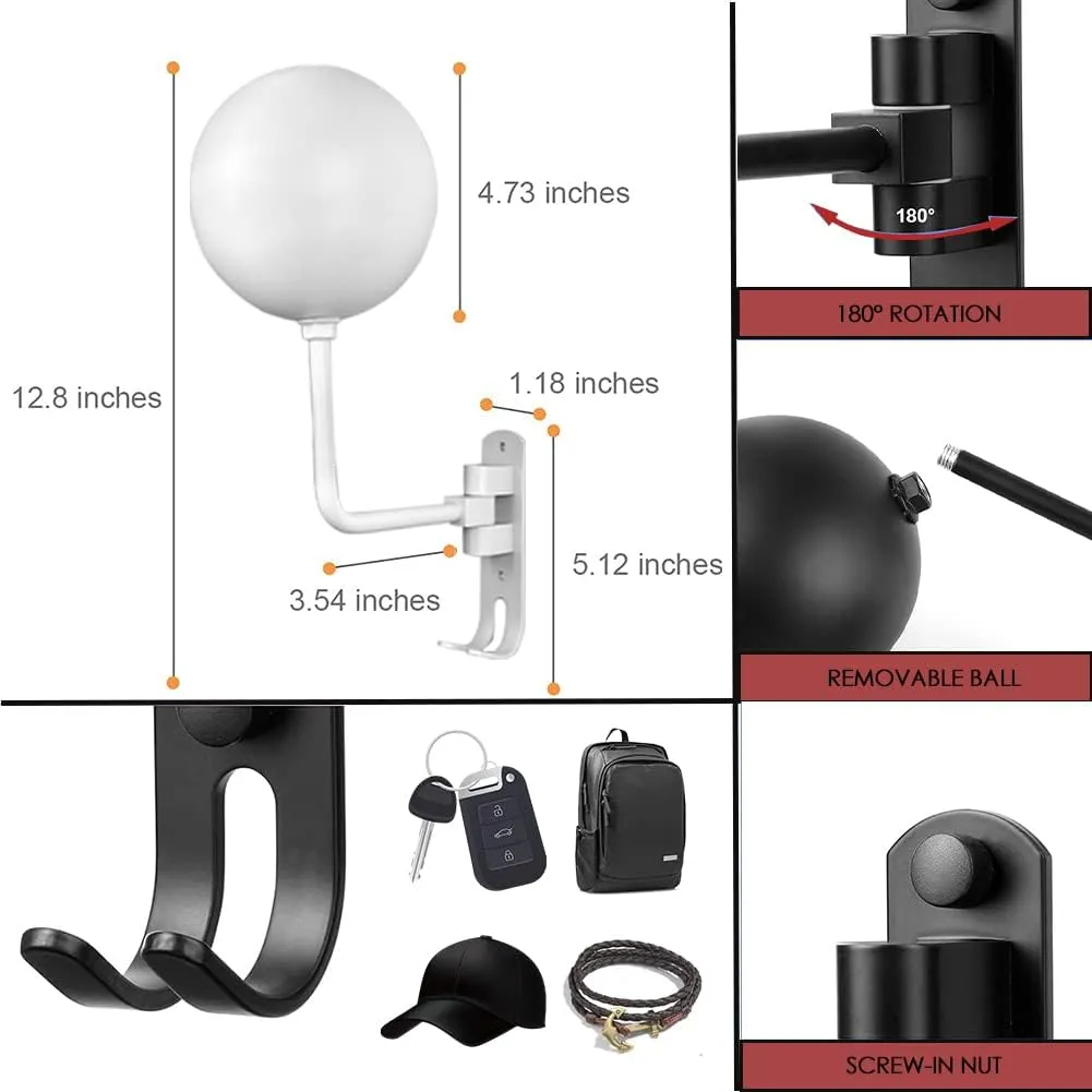 SNAGMO White 180?? Motorcycle Helmet Rack, Rotation Metal Helmet Holder Wall Mount, Helmet Holder Bike with 2 Hooks Helmet Hanger for Motorcycle Bike Coats, Caps, Baseballs, Rugby Helmet (2 pcs)
