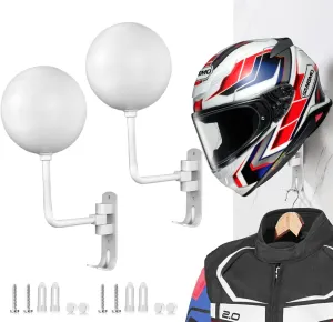 SNAGMO White 180?? Motorcycle Helmet Rack, Rotation Metal Helmet Holder Wall Mount, Helmet Holder Bike with 2 Hooks Helmet Hanger for Motorcycle Bike Coats, Caps, Baseballs, Rugby Helmet (2 pcs)
