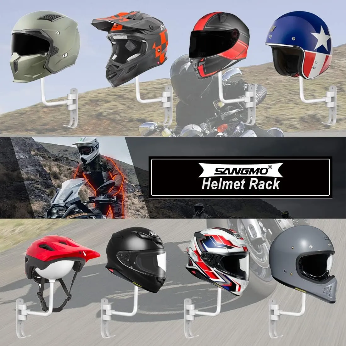 SNAGMO White 180?? Motorcycle Helmet Rack, Rotation Metal Helmet Holder Wall Mount, Helmet Holder Bike with 2 Hooks Helmet Hanger for Motorcycle Bike Coats, Caps, Baseballs, Rugby Helmet (2 pcs)