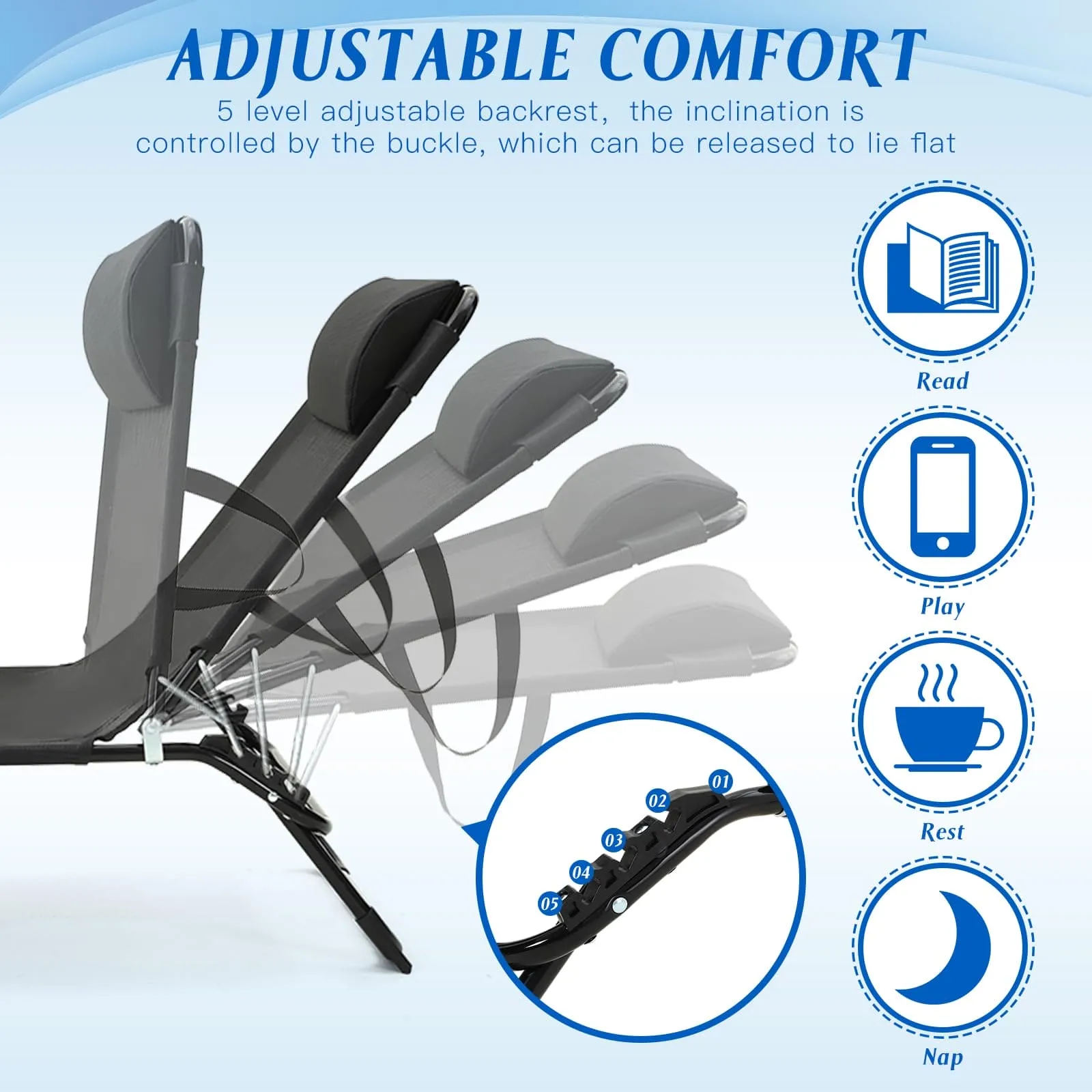 Suzile 2 Pack Folding Chaise Lounge Chairs Outdoor Sun Tanning Chair for Outside Foldable Beach Chair with Pillow 5 Position Reclining Back Breathable Mesh Pool Chair for Beach Yard Lawn Patio(Black)