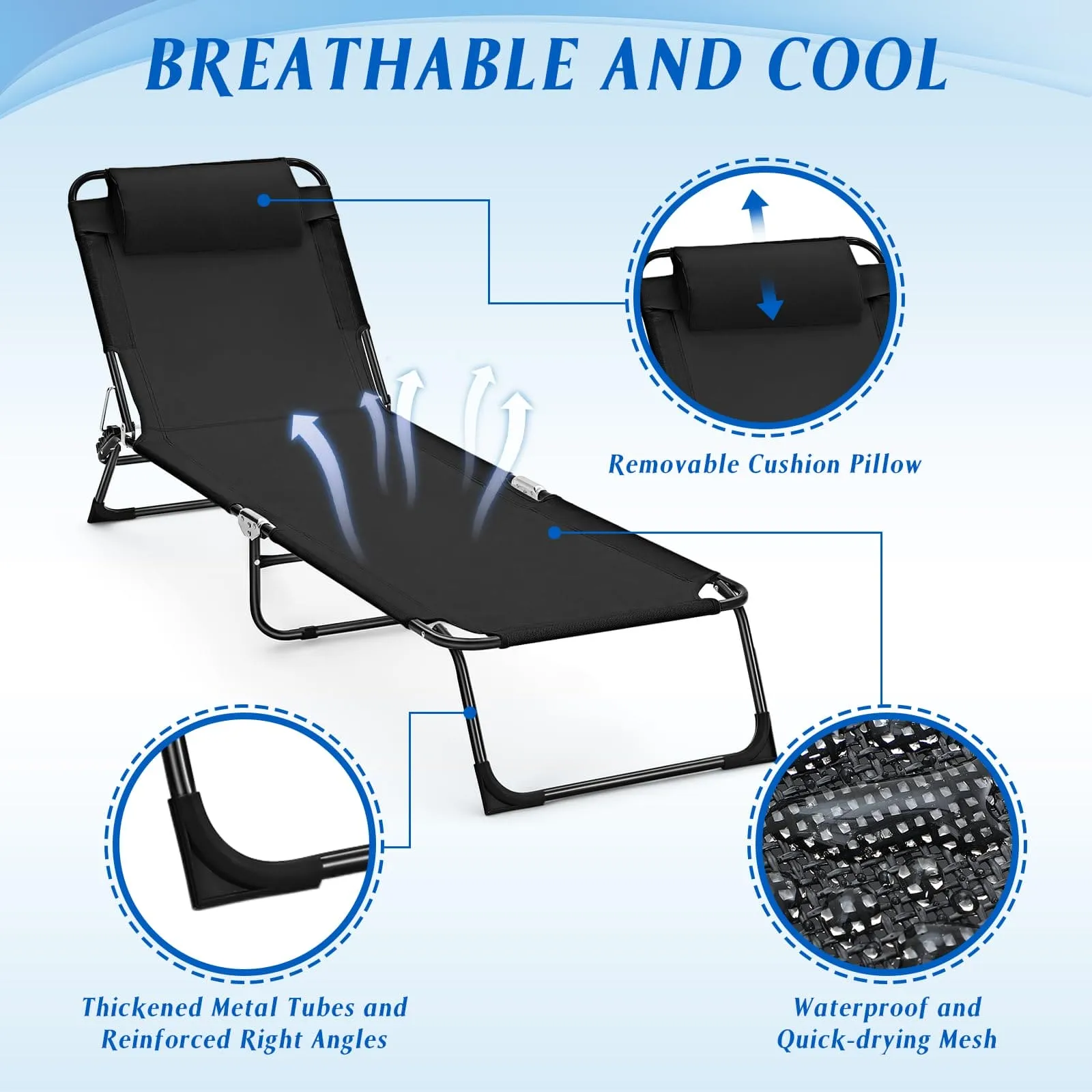 Suzile 2 Pack Folding Chaise Lounge Chairs Outdoor Sun Tanning Chair for Outside Foldable Beach Chair with Pillow 5 Position Reclining Back Breathable Mesh Pool Chair for Beach Yard Lawn Patio(Black)