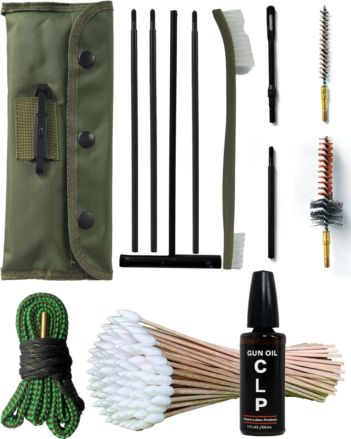 Universal Rifle Cleaning Kit, CLP,Brushes,Snakes,Tools for 5.56mm, 20-25 Caliber Rifles/Shotguns, Include 100 6-inch Gun Cleaning Swabs