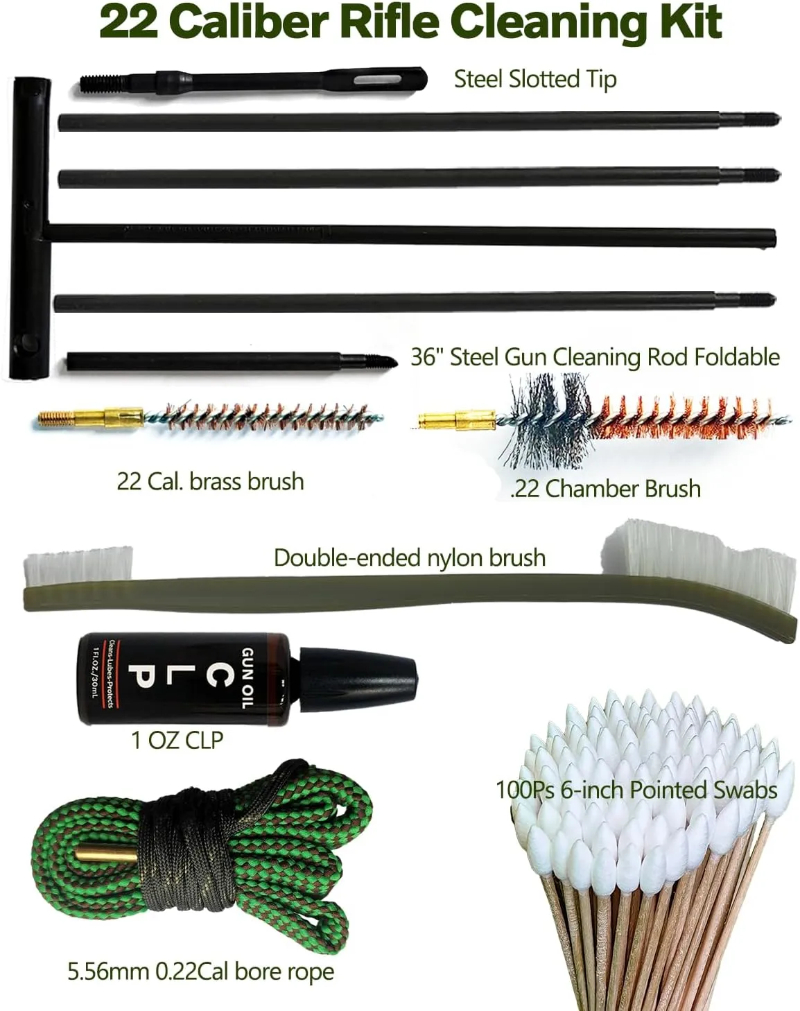 Universal Rifle Cleaning Kit, CLP,Brushes,Snakes,Tools for 5.56mm, 20-25 Caliber Rifles/Shotguns, Include 100 6-inch Gun Cleaning Swabs